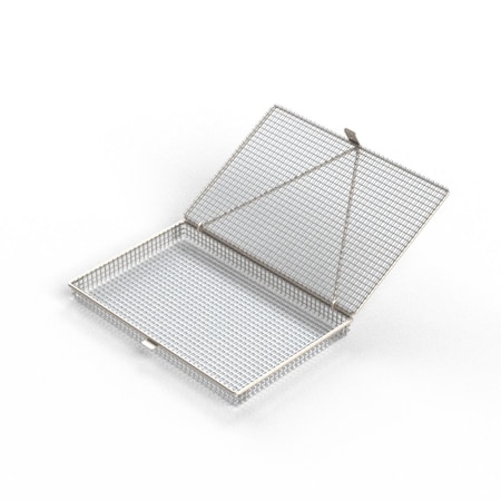 Anysizebasket Light Duty Basket: 12Lx8Wx1H, 304 SS, Hinged Lid with Thumb Clasp, No Handles, Mesh: 2 x .063 FLB-120080010-L02S